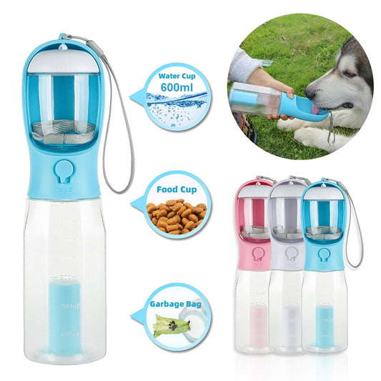 3 in 1 Portable Pet Water Bottle - Food Feeder , Drinker and Poop Bag Dispenser