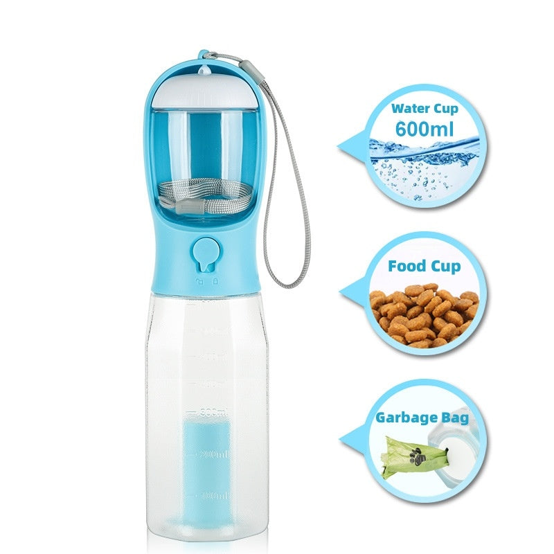 3 in 1 Portable Pet Water Bottle - Food Feeder , Drinker and Poop Bag Dispenser